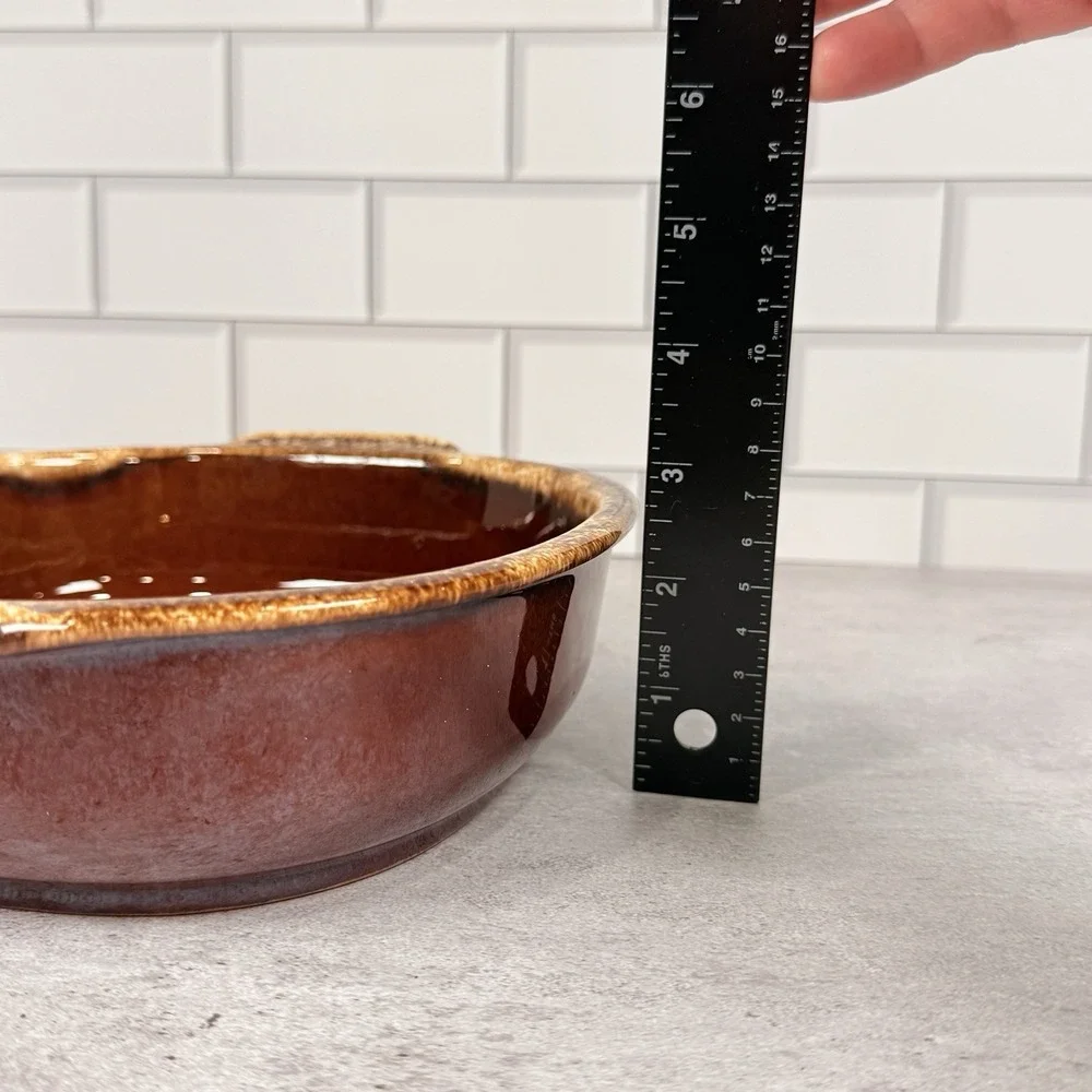 Hull Brown Drip Glaze Round Handled Stoneware Baking Serving Dish Vintage USA 9